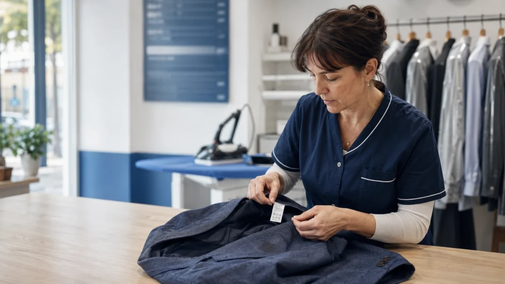 Un professionnel examine une veste avant de choisir le traitement adapté dans un pressing à Rezé.