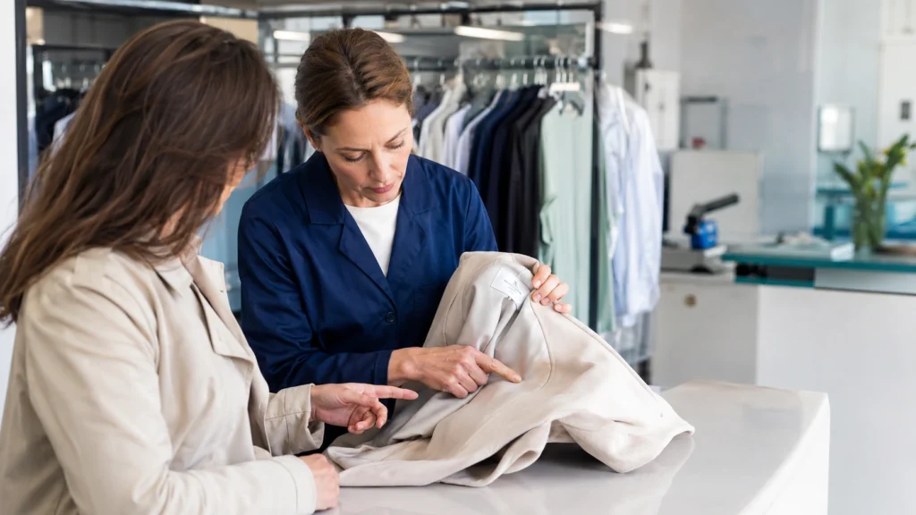 Professionnelle examinant l’étiquette et une tache sur un manteau avant son nettoyage dans un pressing.