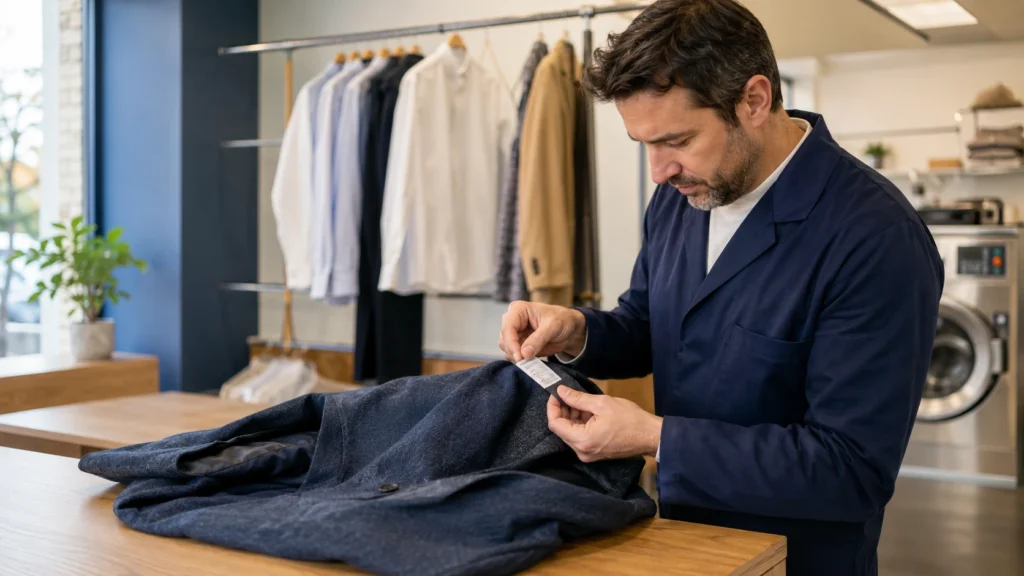 Professionnel du pressing examinant l’étiquette et la matière d’une veste avant son nettoyage.