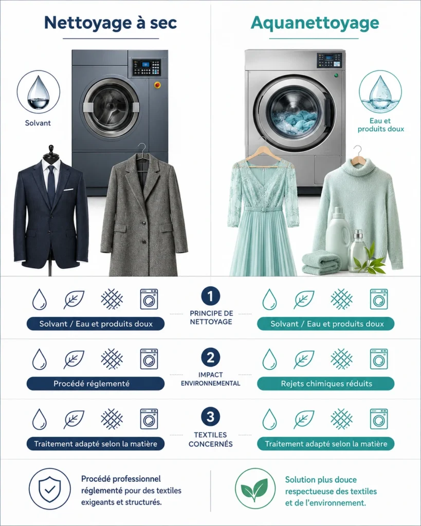 Comparatif visuel entre le nettoyage à sec avec solvant et l’aquanettoyage professionnel à l’eau.
