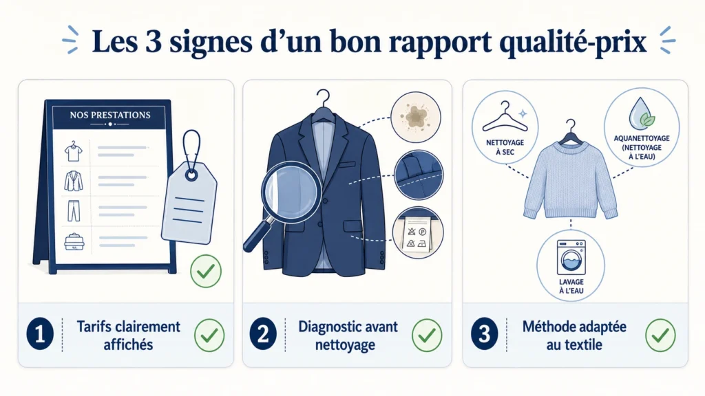  Infographie présentant trois critères d’un pressing fiable : tarifs transparents, diagnostic du vêtement et méthode adaptée.