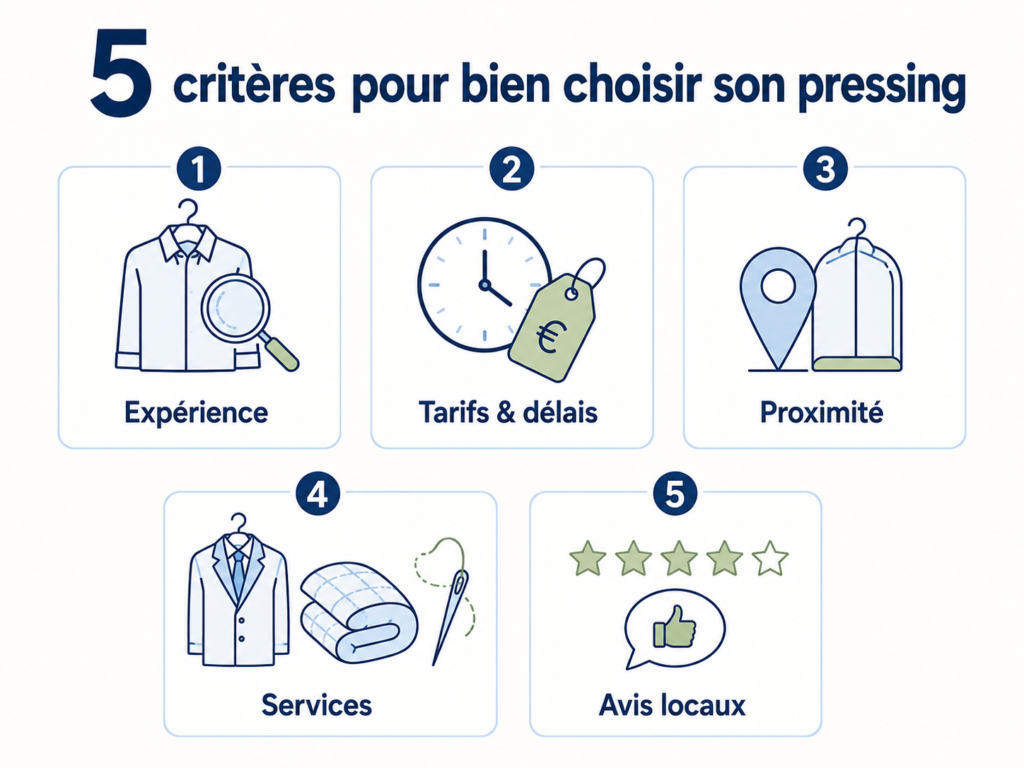 Infographie présentant cinq critères pour choisir un pressing : expérience, transparence, proximité, services et réputation locale.
