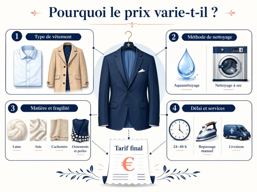  Infographie présentant les quatre facteurs du prix d’un pressing : vêtement, méthode, matière et service.