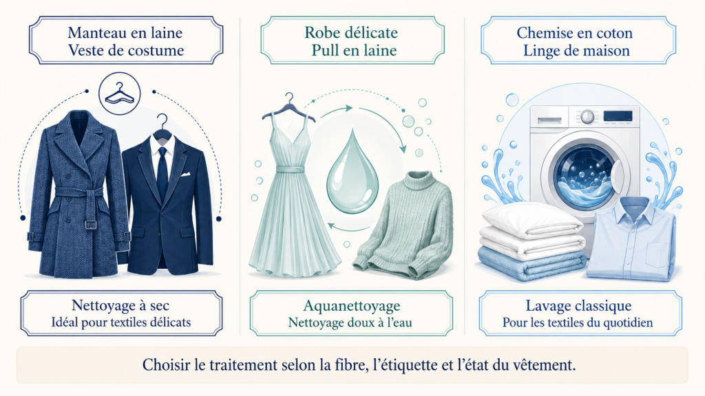 Comparatif illustré du nettoyage à sec, de l’aquanettoyage et du lavage classique selon le type de textile.