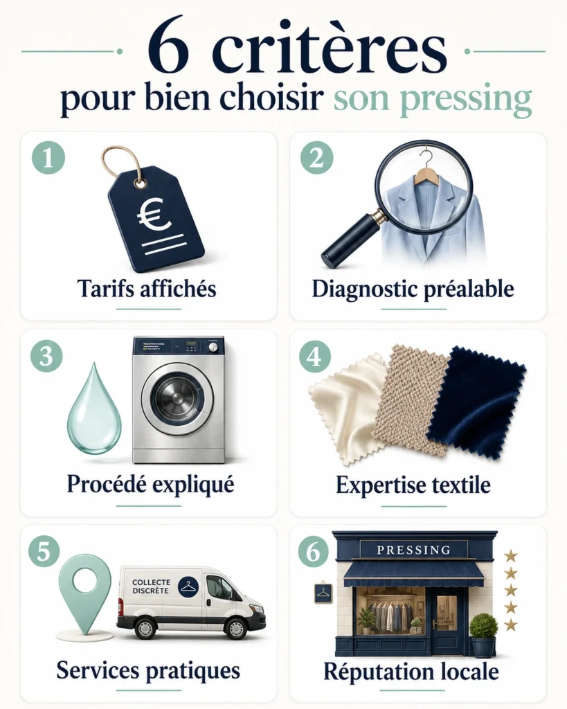 Infographie présentant six critères pour choisir un pressing à Rezé, dont les tarifs, le diagnostic et le procédé utilisé.