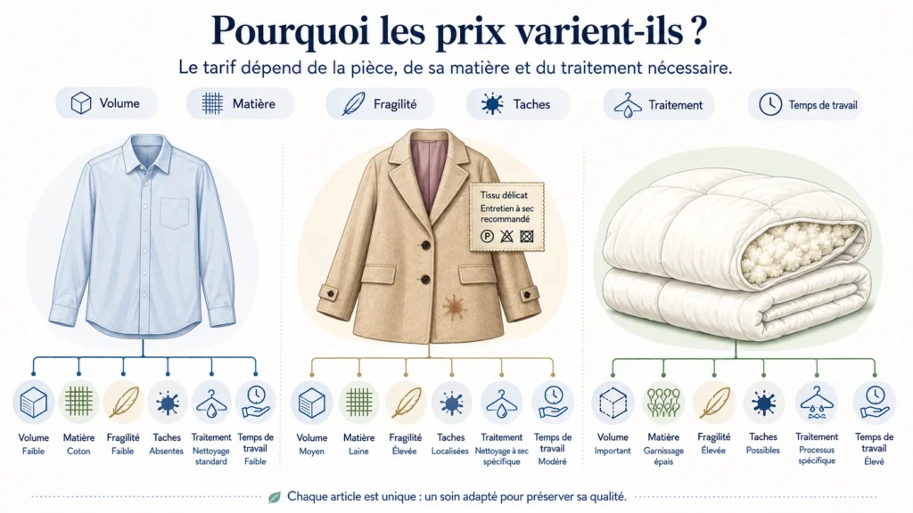 Schéma montrant comment le volume, la matière, les taches et la méthode de nettoyage influencent le prix d’un pressing.