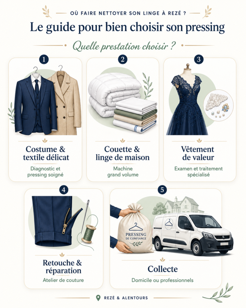 Guide visuel associant costumes, couettes, robes de cérémonie, retouches et collecte aux services de pressing adaptés.