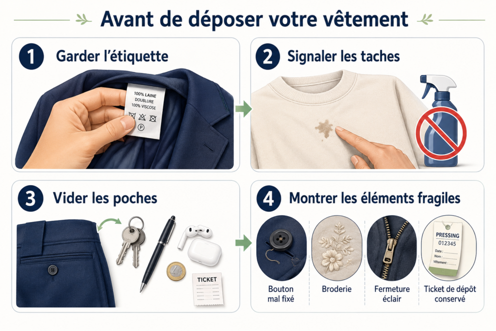 Checklist en quatre étapes : conserver l’étiquette, signaler les taches, vider les poches et montrer les éléments fragiles.